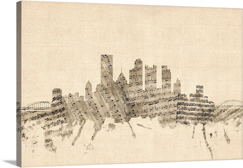 Pittsburgh skyline made of sheet music against a weathered beige background.