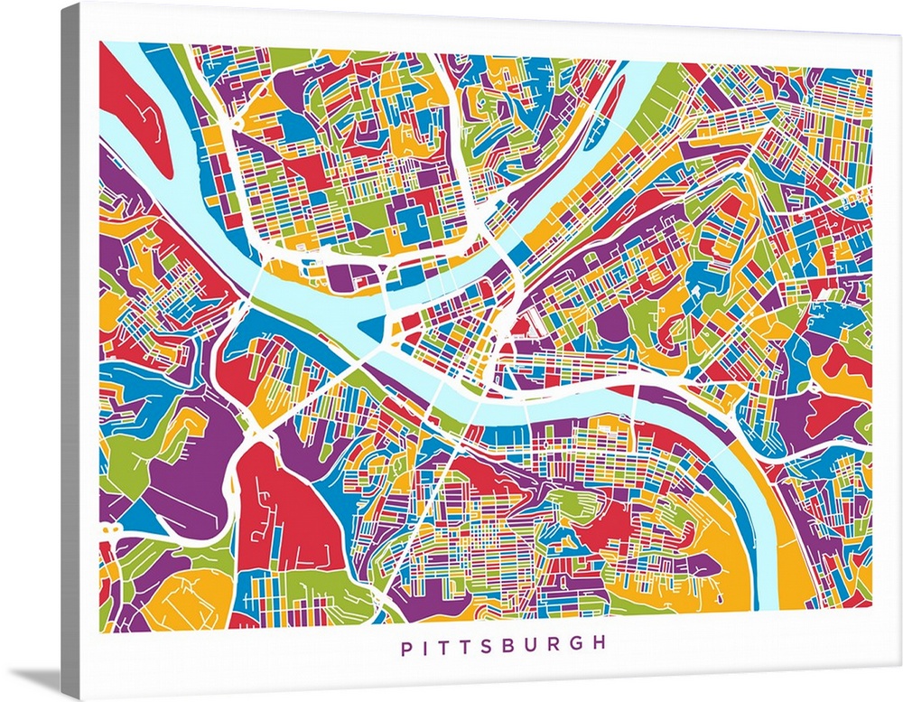 Watercolor art map of Pittsburgh city streets.