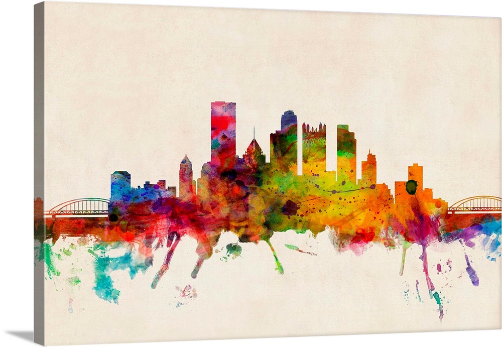 Pittsburgh Skyline Abstract Watercolor Painting Art Print by Artist DJR 
