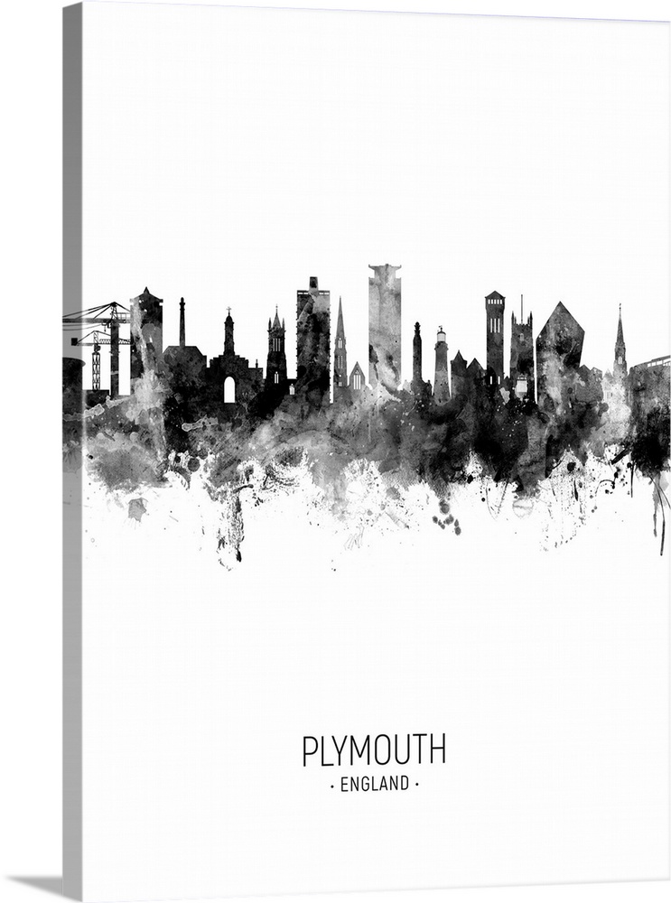 Watercolor art print of the skyline of Plymouth, England, United Kingdom