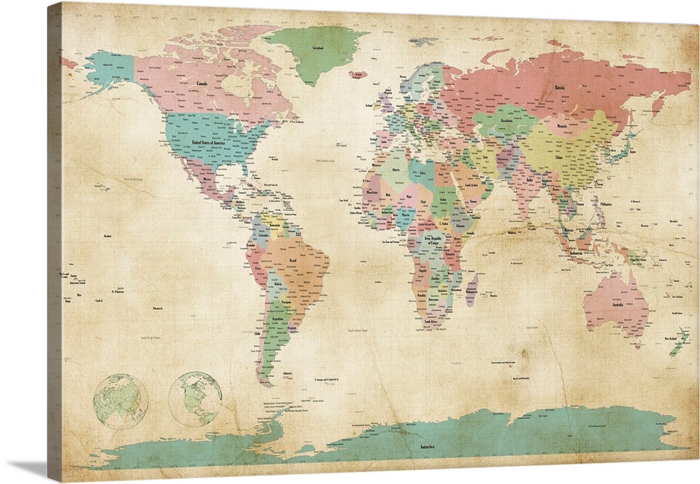 Large Brown Cream Map of World Atlas Canvas Wall Art Print 3307 Multi 3 Part 
