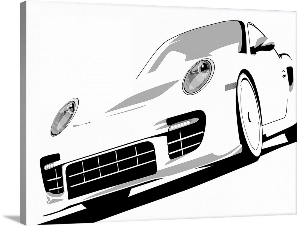 Vector artwork of the Type 996 Porsche 911 GT2. The car is pictured in black and white.