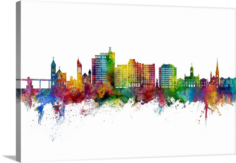Watercolor art print of the skyline of Portland, Maine, United States
