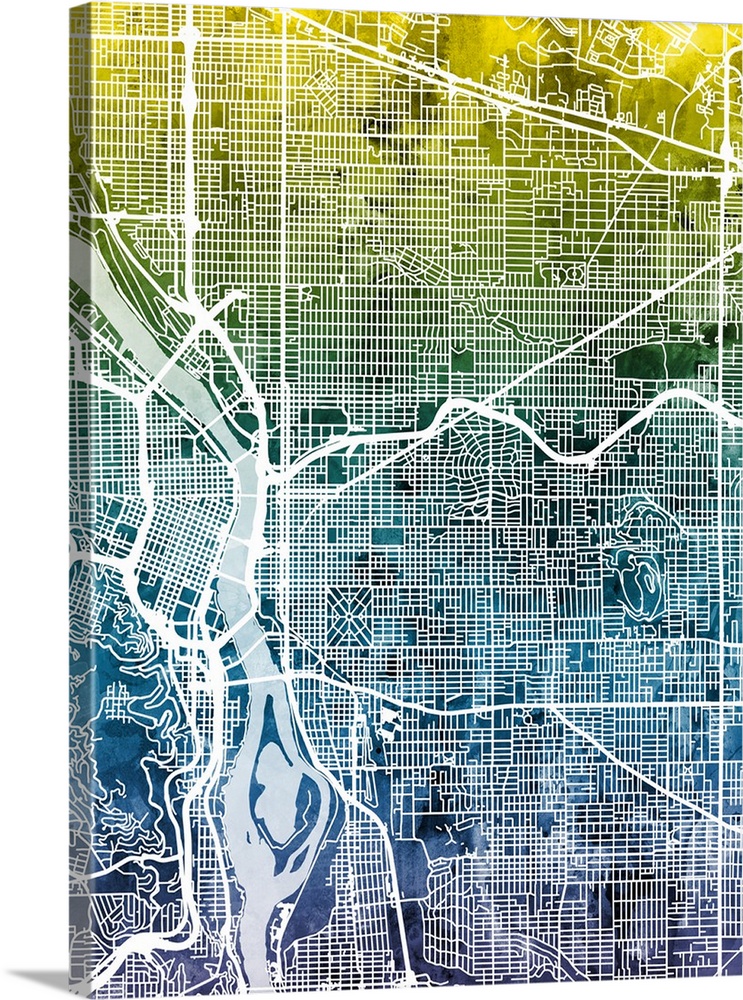 Watercolor street map of Portland, Oregon, United States