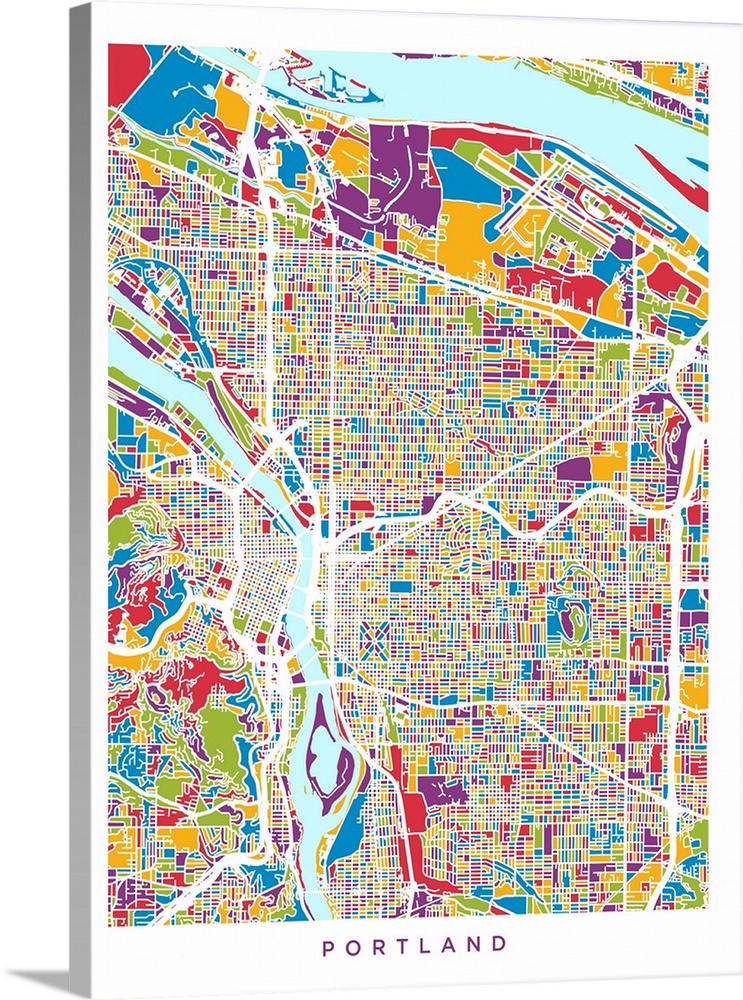 A street map of Portland, Oregon, United States, with land areas colored green, blue, yellow, red and purple.