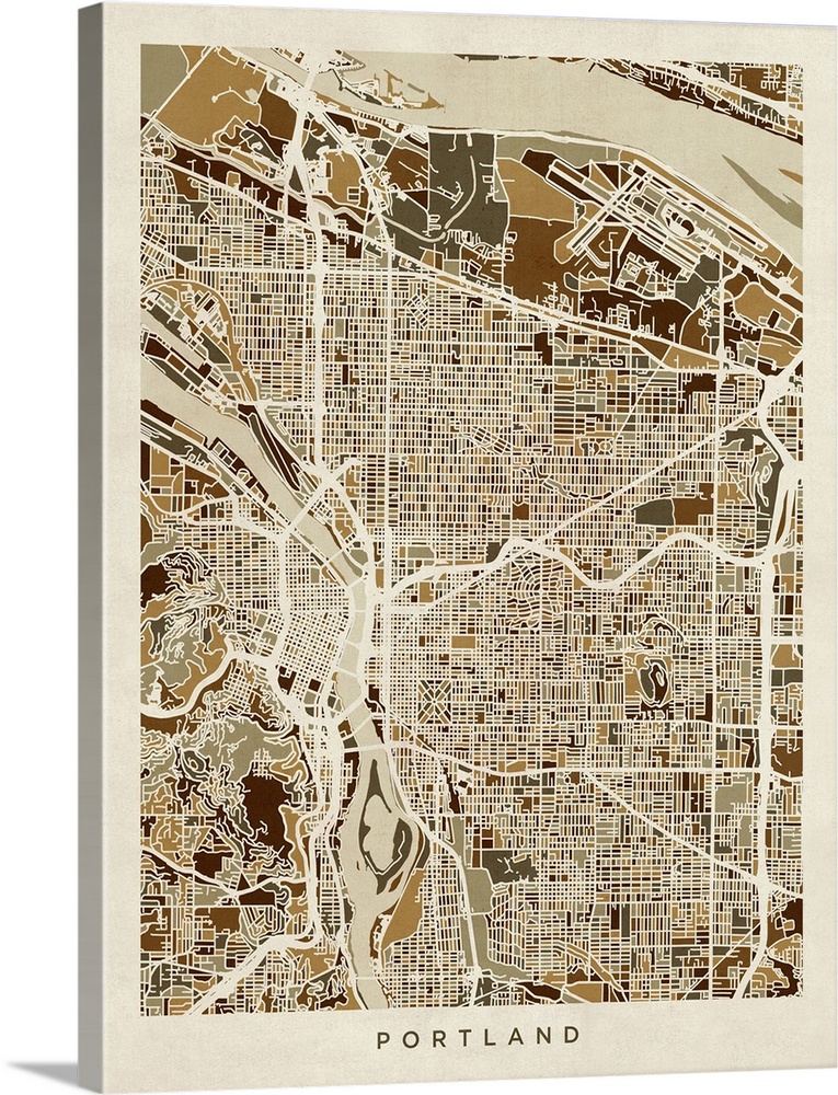 A street map of Portland, Oregon, United States, with land areas in shades of brown