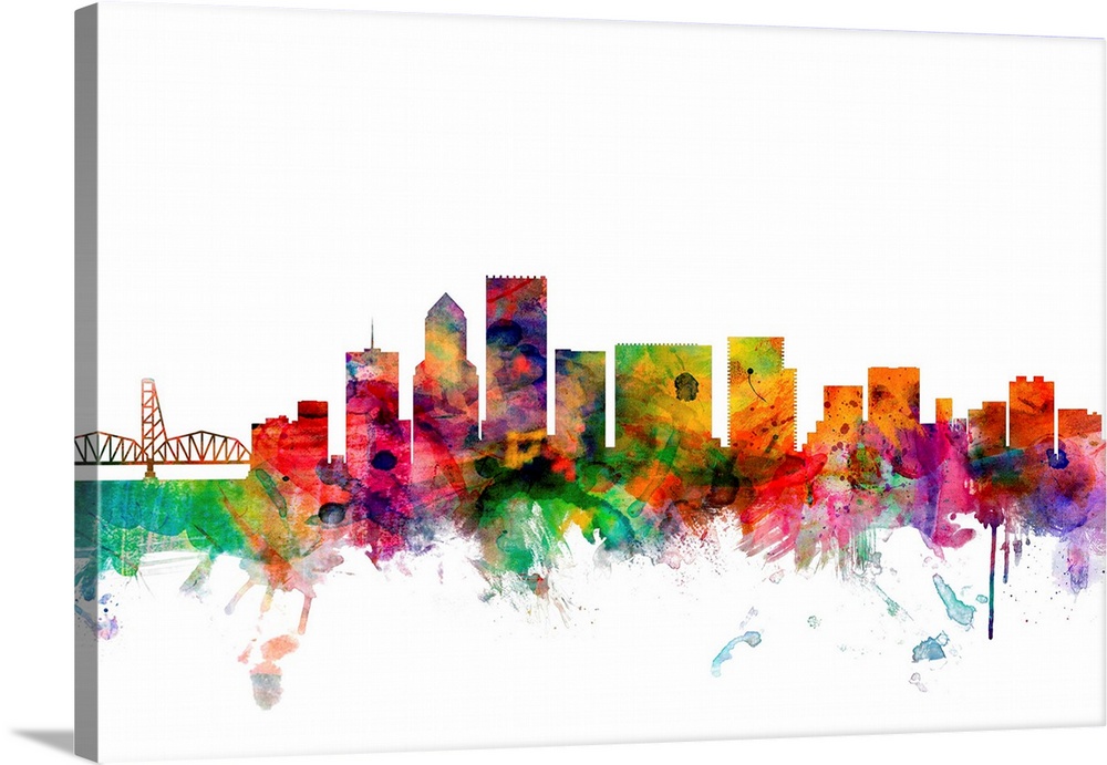 Watercolor artwork of the Portland skyline against a white background.