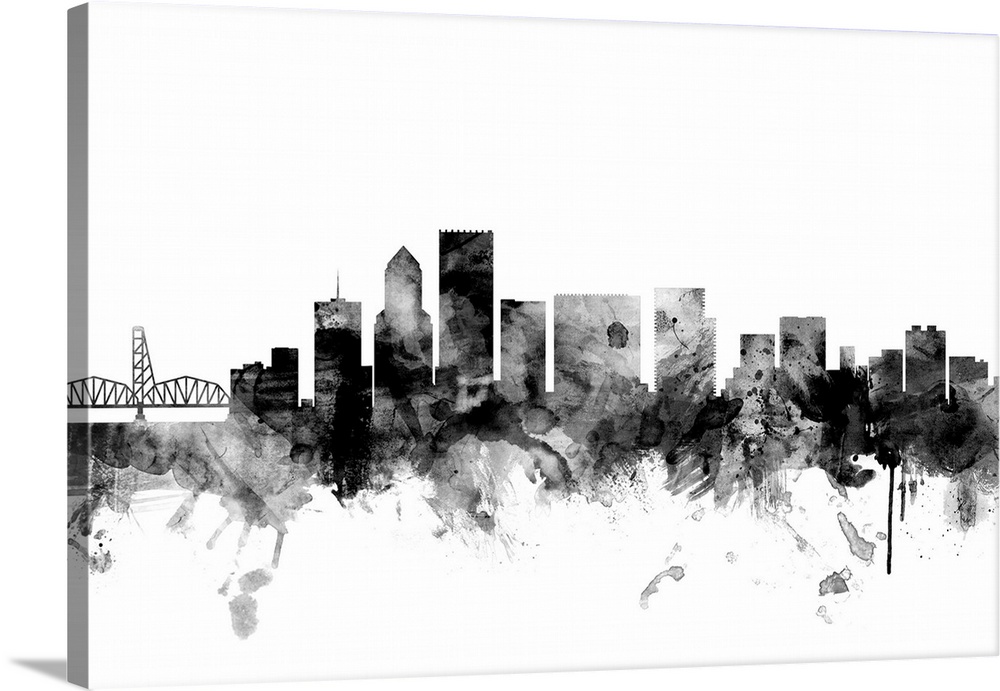Contemporary artwork of the Portland city skyline in black watercolor paint splashes.