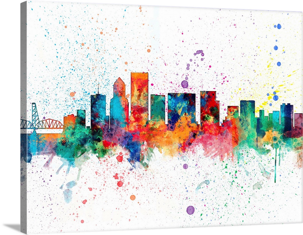 Wild and vibrant paint splatter silhouette of the Portland skyline.