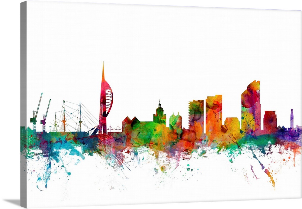 Contemporary piece of artwork of the Portsmouth, England skyline made of colorful paint splashes.