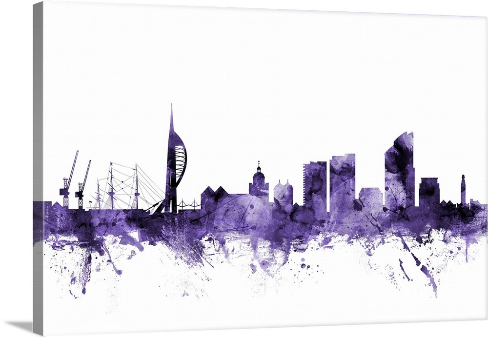 Watercolor art print of the skyline of Portsmouth, England, United Kingdom