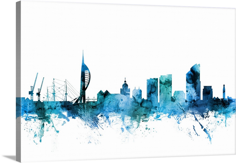 Watercolor art print of the skyline of Portsmouth, England, United Kingdom.