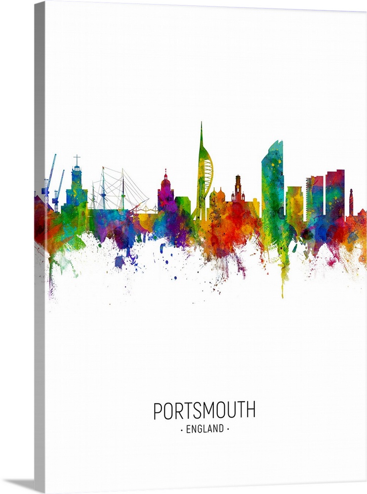 Watercolor art print of the skyline of Portsmouth, England, United Kingdom