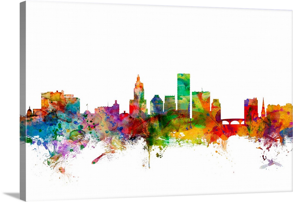 Watercolor artwork of the Providence skyline against a white background.