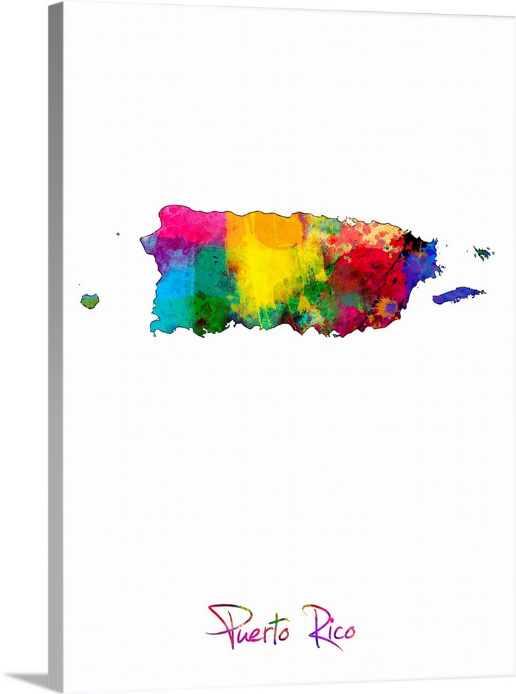 A watercolor map of Puerto Rico.