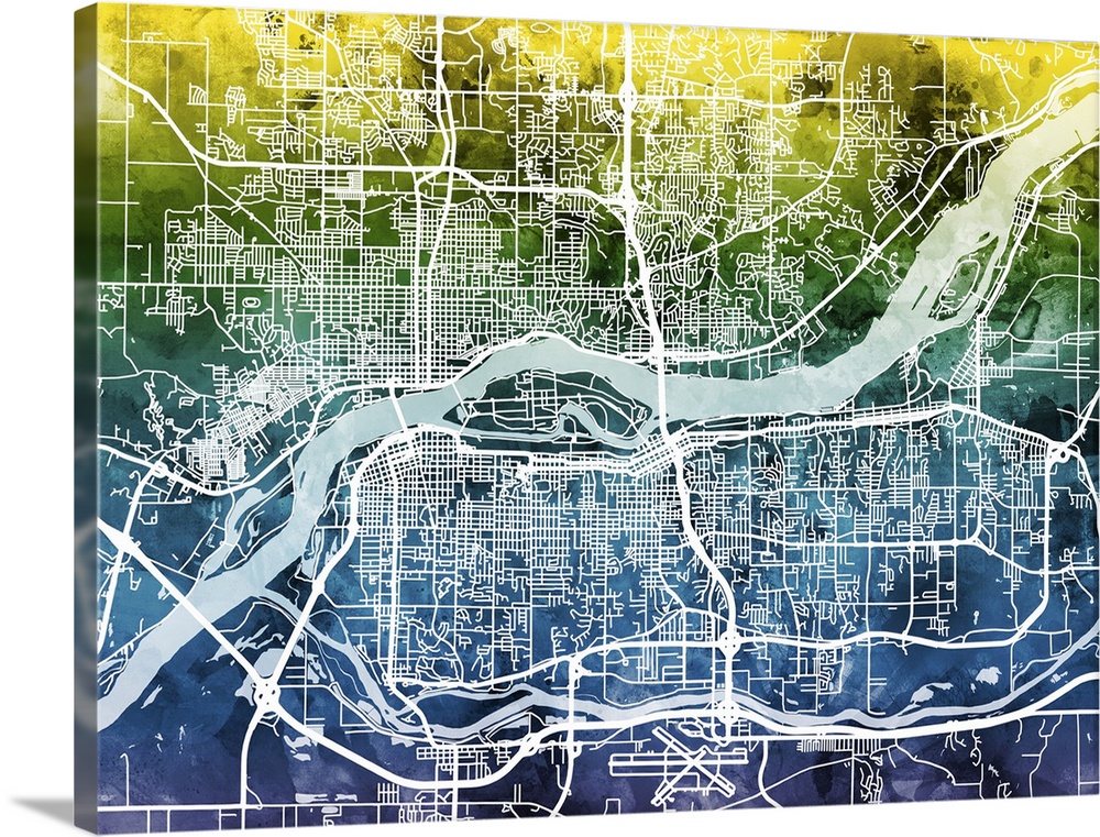 Watercolor street map of Quad Cities, Illinois and Iowa, United States.