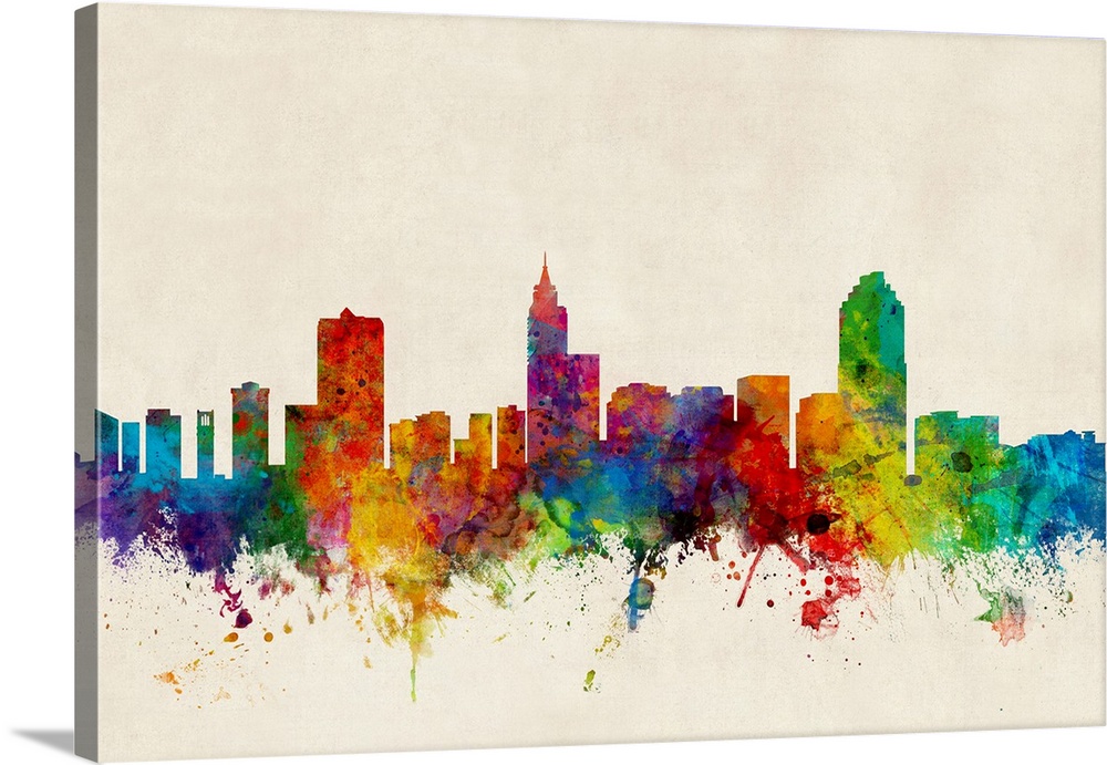 A splattered and splashed watercolor silhouette of the Raleigh city skyline against a distressed background.