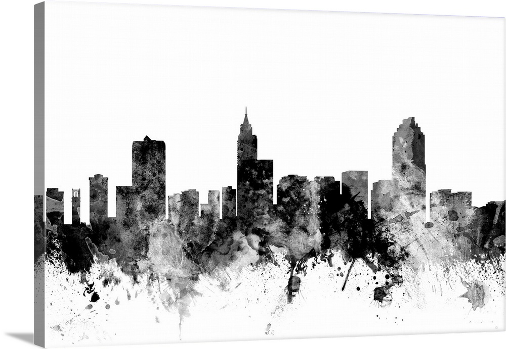 Smokey dark watercolor silhouette of the Raleigh city skyline.