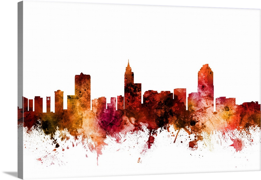 Watercolor art print of the skyline of Raleigh, North Carolina, United States.