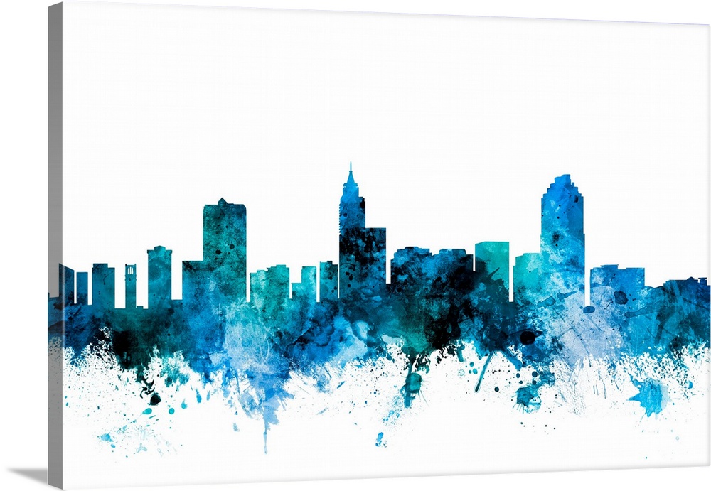 Watercolor art print of the skyline of Raleigh, North Carolina, United States.
