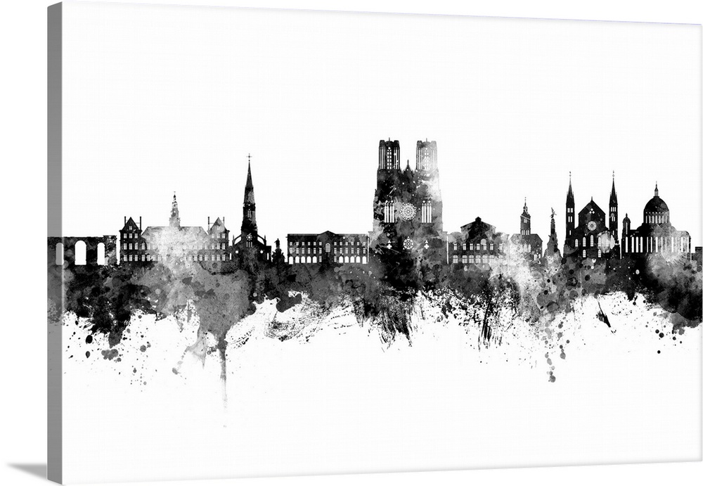 Watercolor art print of the skyline of Reims, France