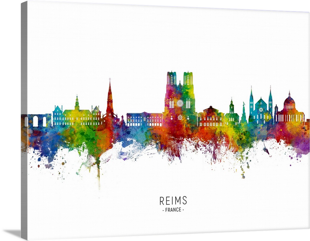 Watercolor art print of the skyline of Reims, France