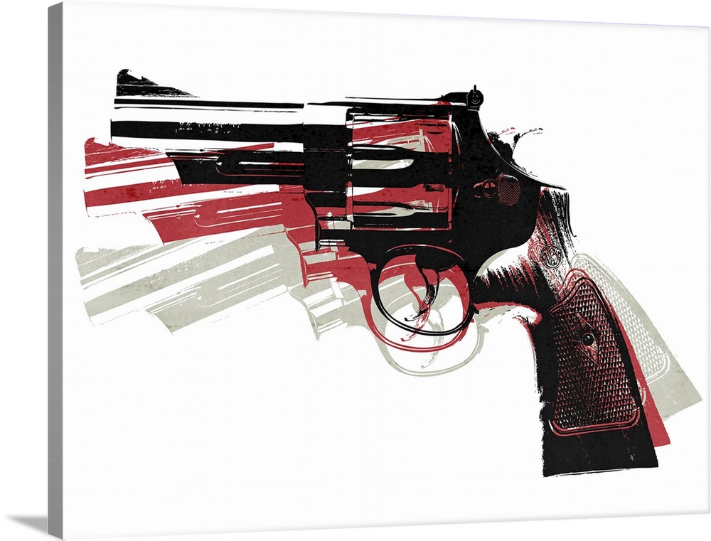 Warhol inspired pop art of a revolver in three different colors and positions against a white background.
