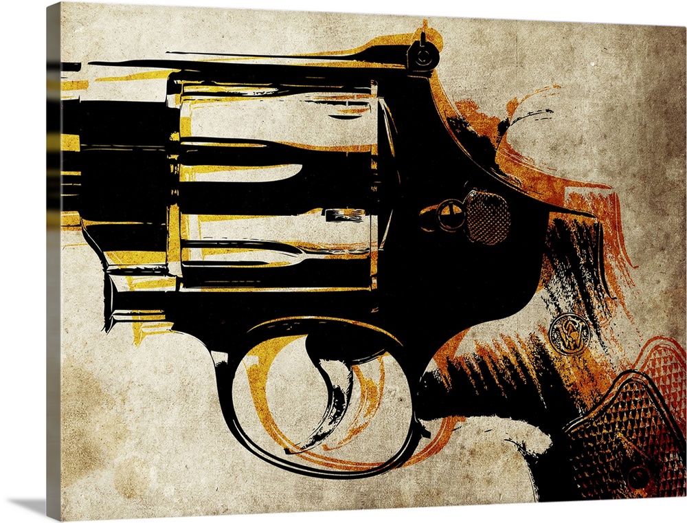 Horizontal, pop art work of close up of a .44 Magnum handgun.