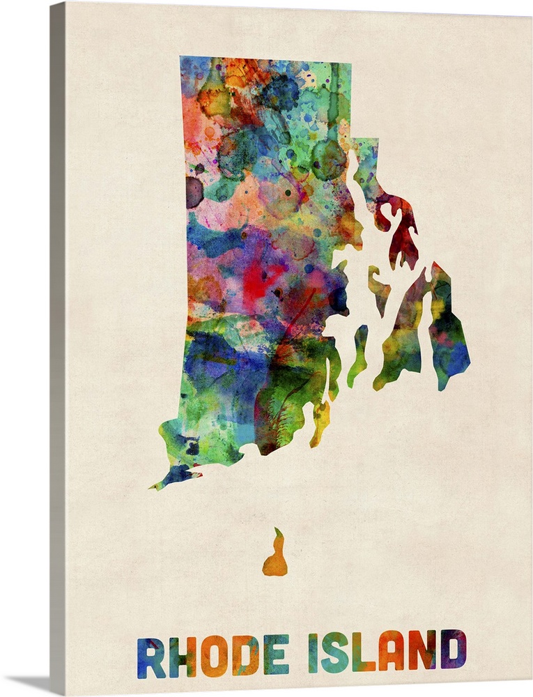 Contemporary piece of artwork of a map of Rhode Island made up of watercolor splashes.