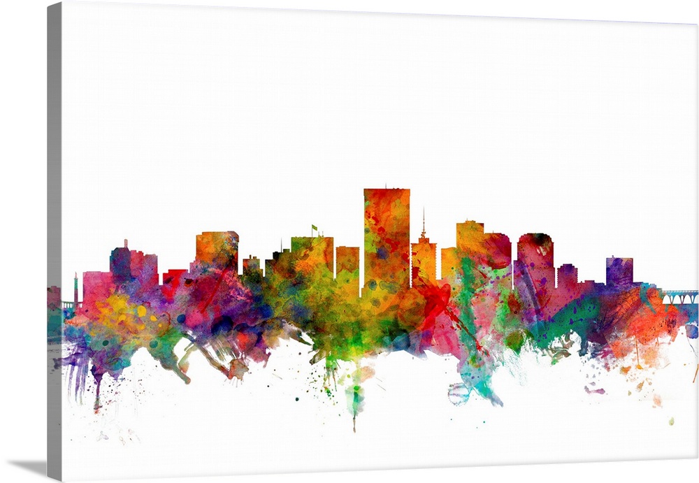 Contemporary piece of artwork of the Richmond skyline made of colorful paint splashes.