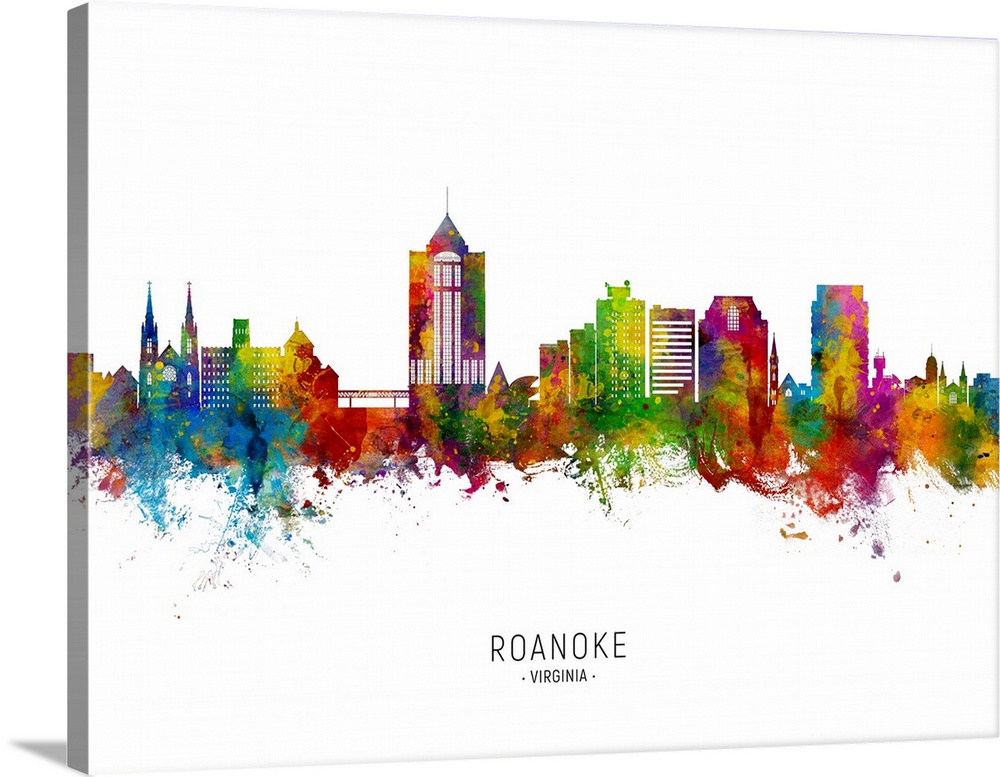 Watercolor art print of the skyline of Roanoke, Virginia