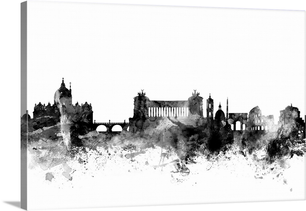 Contemporary artwork of the Rome city skyline in black watercolor paint splashes.