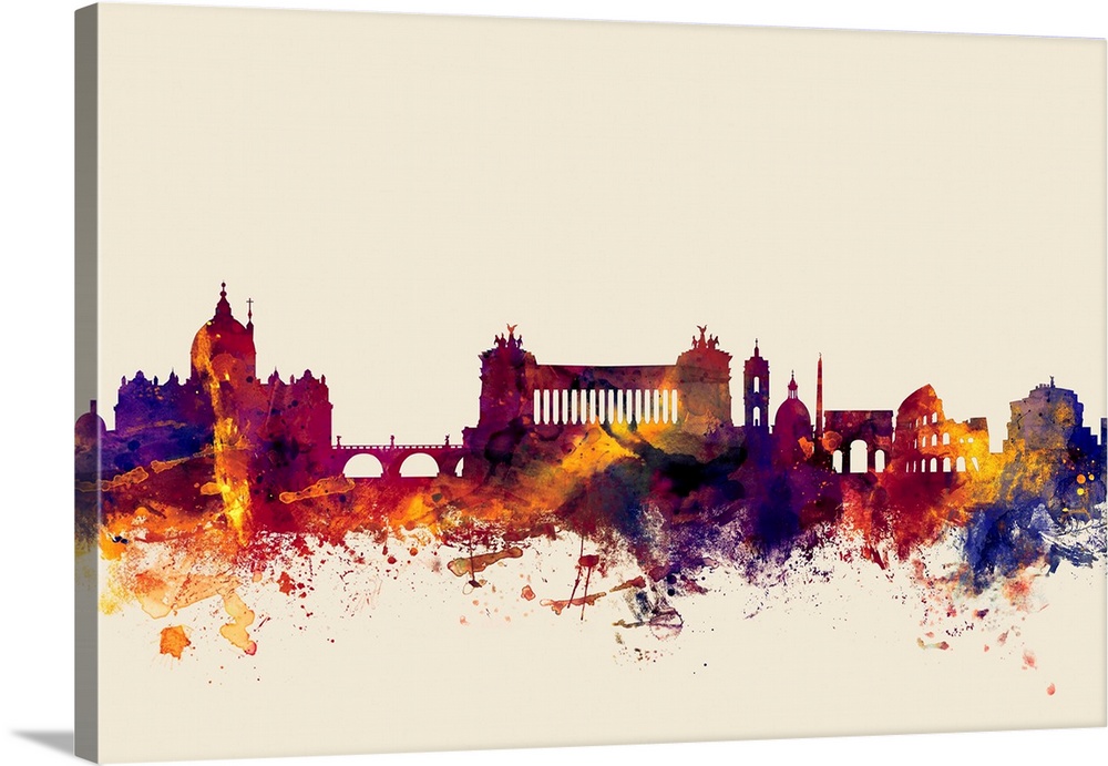Contemporary artwork of the Rome city skyline in watercolor paint splashes.