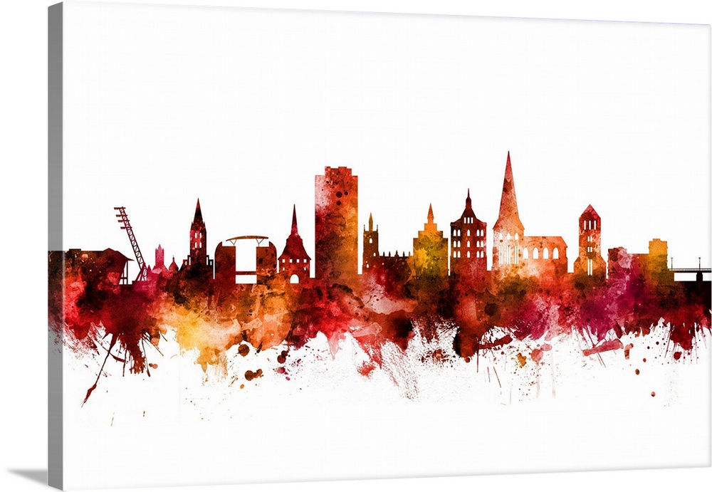 Watercolor art print of the skyline of Rostock, Germany.