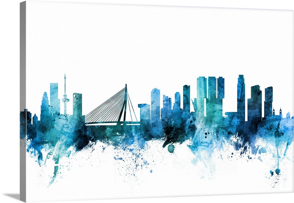 Watercolor art print of the skyline of Rotterdam, The Netherlands.