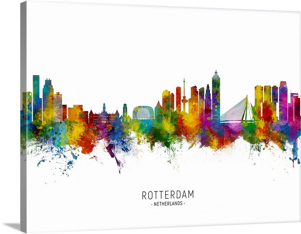 Watercolor art print of the skyline of Rotterdam, The Netherlands