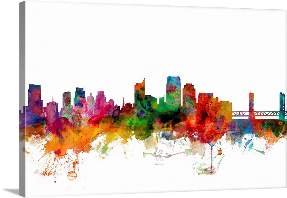 Watercolor artwork of the Sacramento skyline against a white background.