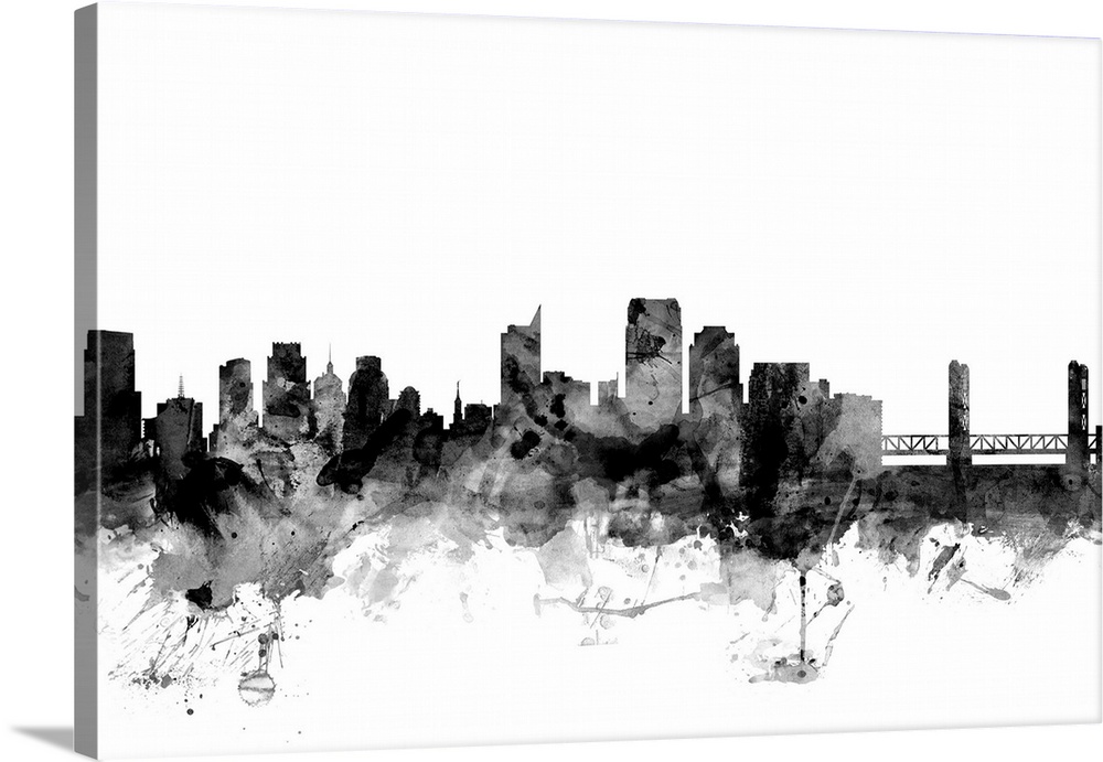 Contemporary artwork of the Sacramento city skyline in black watercolor paint splashes.