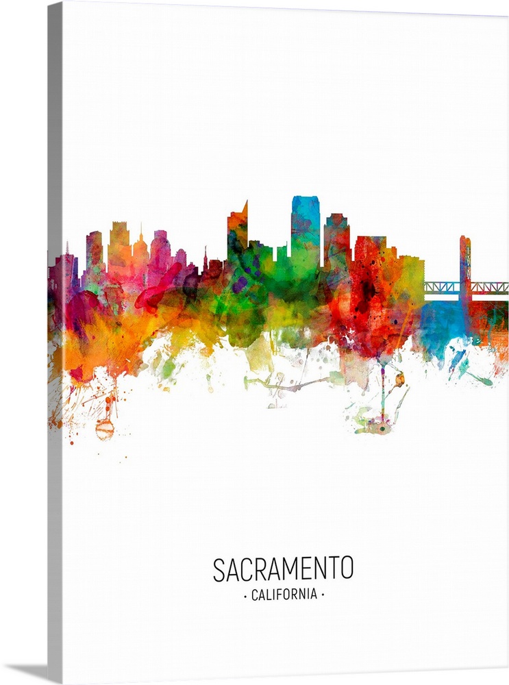 Watercolor art print of the skyline of Sacramento, California, United States