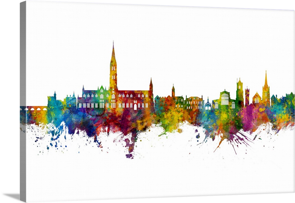 Watercolor art print of the skyline of Salisbury, England, United Kingdom
