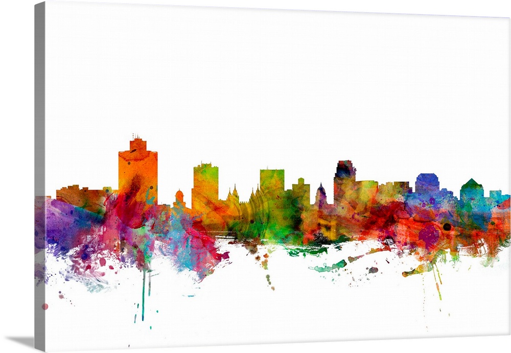 Watercolor artwork of the Sat Lake City skyline against a white background.