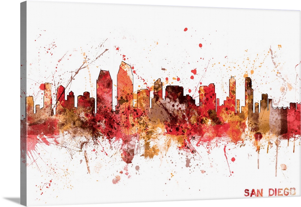 Contemporary piece of artwork of the San Diego skyline made of colorful paint splashes.