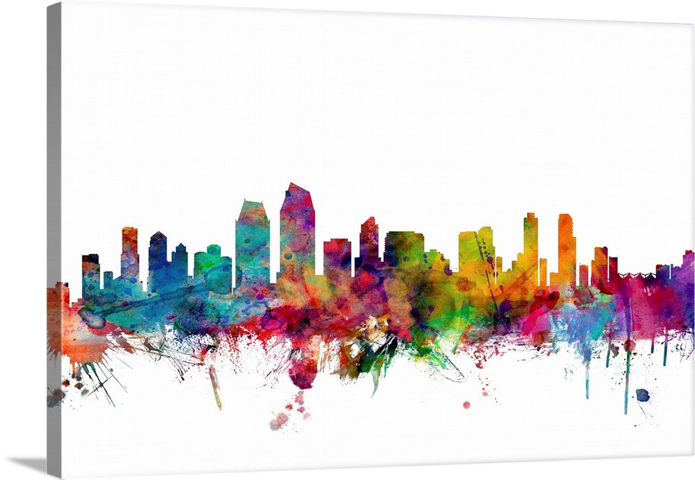 Watercolor artwork of the San Diego skyline against a white background.