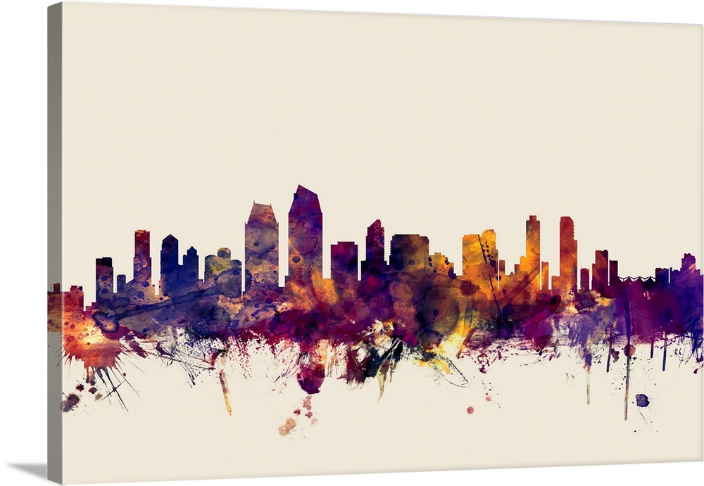 Watercolor art print of the skyline of San Diego, California, United States.