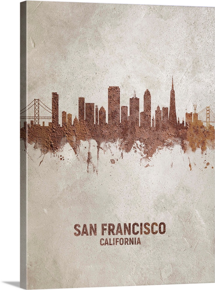 Art print of the skyline of San Francisco, California, United States. Rust on concrete.