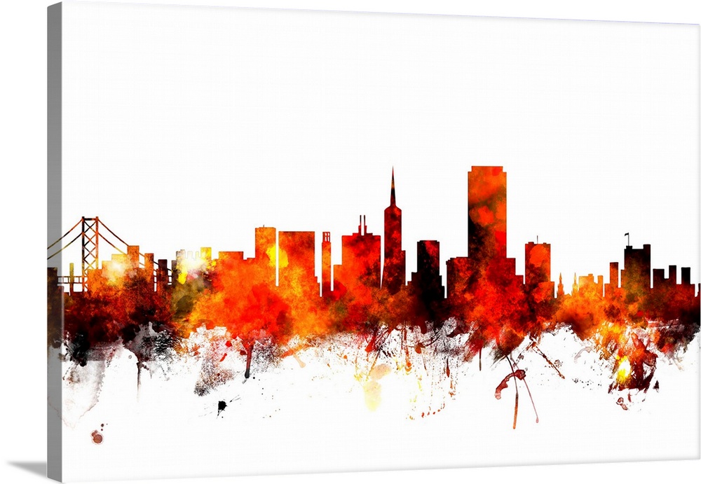 Contemporary piece of artwork of the San Francisco skyline made of colorful paint splashes.