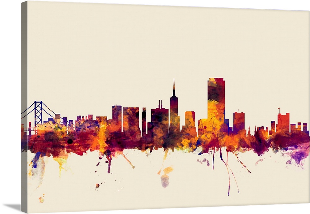 Watercolor artwork of the San Francisco skyline against a beige background.