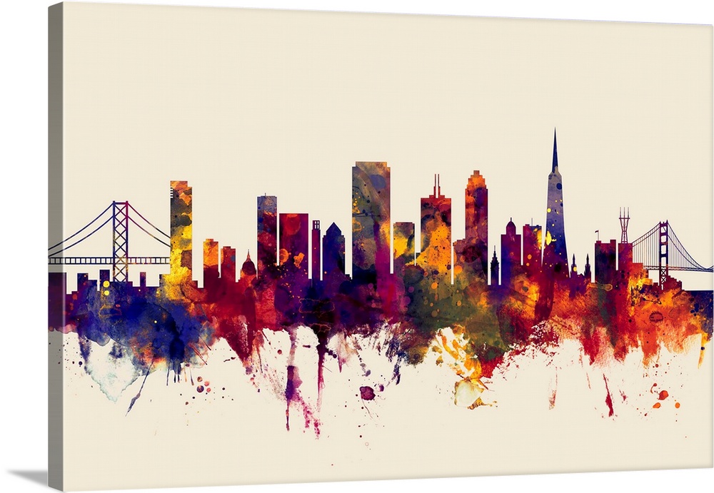Watercolor art print of the skyline of San Francisco, California, United States.