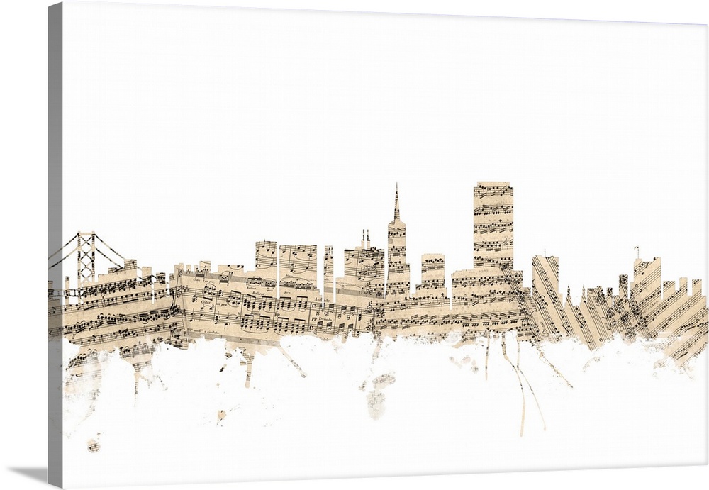 San Francisco skyline made of sheet music against a white background.
