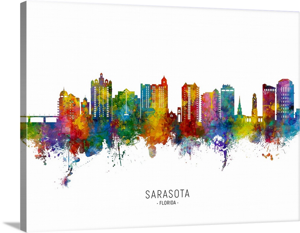 Watercolor art print of the skyline of Sarasota, Florida, United States
